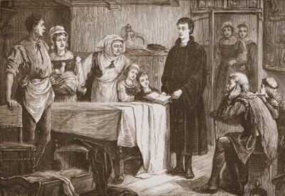 Jovem Calvino expõe a Bíblia a uma família em Bourges, ilustração de A História do Protestantismo, de James Aitken Wylie (1808-1890), pub. 1878 de English School