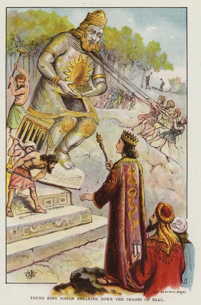 O jovem rei Josias quebrando as imagens de Baal (cor litho) de English School