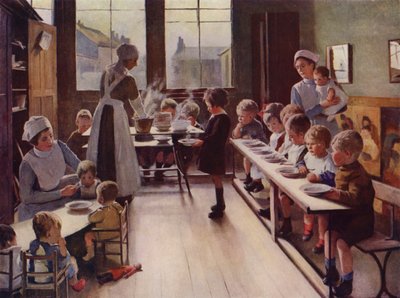 Crianças pequenas à hora da refeição numa creche (cor litho) de English School
