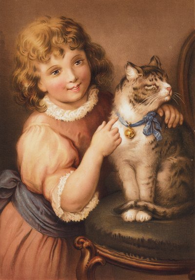 Menina com um gato (chromolitho) de English School
