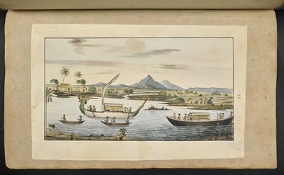 f.75 (placa 86) Cena fluvial em Java com barcos, incluindo um barco com cabeça de dragão de English School