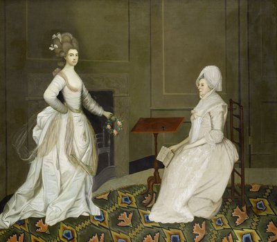 Duas senhoras num interior, uma a ler, a outra a segurar uma grinalda de flores de English School, 18th Century