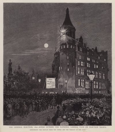 Anúncio dos resultados das eleições gerais de 1892 do Clube Liberal, Westminster, Londres (litho) de Enoch Ward