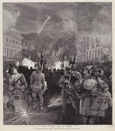 Procissão do Dia de Guy Fawkes em Lewes, Sussex, 5 de Novembro de 1892 (litho) de Enoch Ward