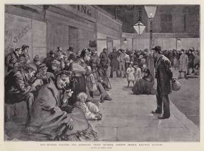 Colhedores de lúpulo à espera do comboio da meia-noite para Kent (litho) de Enoch Ward