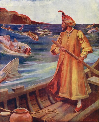 Sindbad vê os peixes enormes (litografia a cores) de Enoch Ward