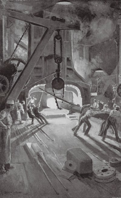 O martelo a vapor de 40 toneladas em ação no Arsenal de Woolwich (litografia) de Enoch Ward