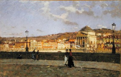 Cais ao longo do rio Pó e da Igreja de Grande Madre di Dio, Turim, 1882 de Enrico Reycend