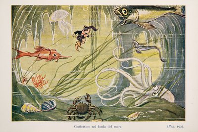 Ciuffettino no fundo do mar, ilustração de The Adventures of Ciuffettino de Enrico de Conti Novelli