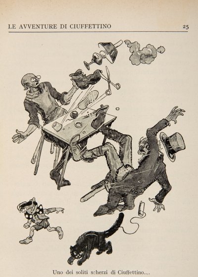 Ilustração das aventuras de Ciuffettino de Enrico de Conti Novelli