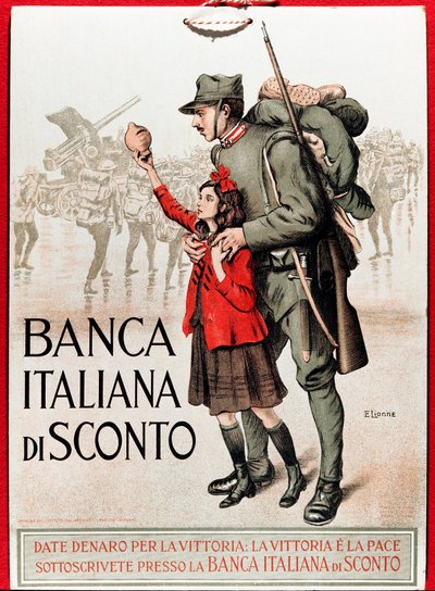 Primeira Guerra Mundial: cartaz italiano incentivando um empréstimo nacional representando um soldado com uma menina oferecendo sua lira - Ilustração de Enrico della Leonessa (Lioness) (1875-1921) de Enrico della Lionne