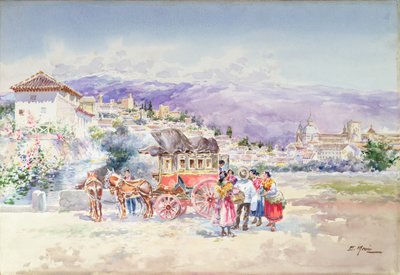 Viajantes que descem de uma diligência (lápis e aguarela) de Enrique Marin Higuero