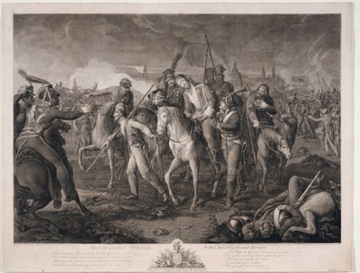 Mort du General Alexis Melissin (1759-1813) em Dresde, en 1813 - Morte do General Aleksey Melissino em 26 de agosto de 1813 - Krueger, Ephraim Gottlieb (1756-1834) - 1813 - Água-forte - 68,4x88,8 - Coleção Particular de Ephraim Gottlieb Krüger