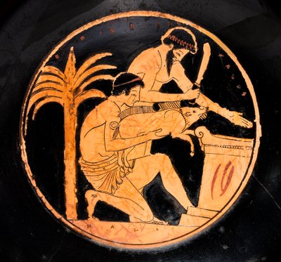 Tigela com vidrado preto e figuras vermelhas: cena de sacrifício (Terracota) de Epidromos Painter