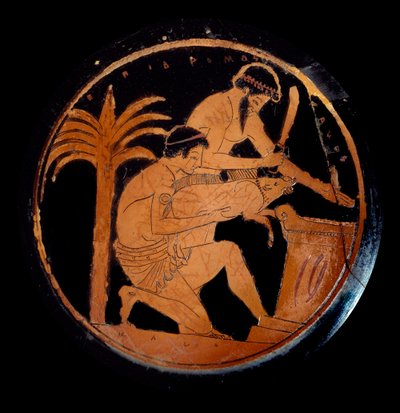 Arte grega: taça com figuras vermelhas em cerâmica, medalhão: sacrifício de um porco sobre um altar durante um rito religioso. Feito pelo pintor de Epidromos. 500 AC. Paris, Museu do Louvre. de Epidromos Painter