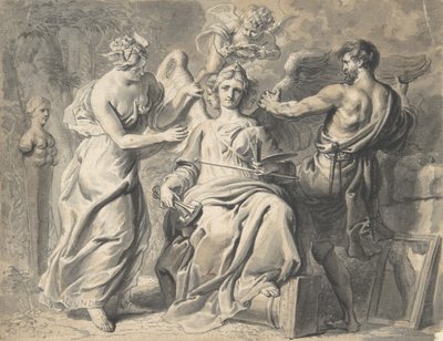 Uma Alegoria das Artes com Ísis e Geometria Atendendo à Figura de Três Cabeças de..., século XVII de Erasmus Quellinus