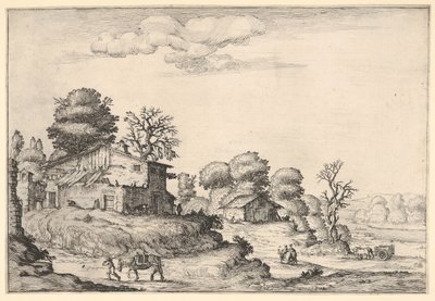 Paisagem com habitações camponesas e um homem conduzindo um cavalo em primeiro plano esquerdo, de um ..., 1638. de Ercole Bazicaluva