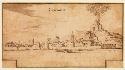 Vista de Cartagena, Espanha, c.1642 (caneta e tinta castanha sobre papel assentado, com linhas de enquadramento de tinta castanha pisadas no fundo) de Ercole Frigoni Bazzicaluva
