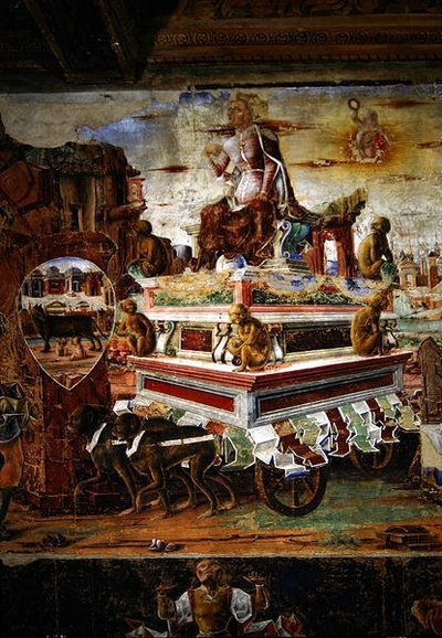 Detalhe da Carruagem da Maia, de Setembro: O Triunfo de Vulcano, da Sala dos Meses, 1467-70 de Ercole de Roberti