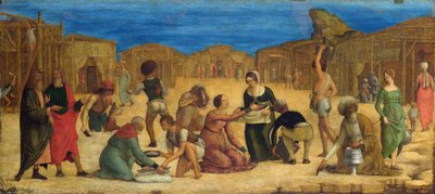 "La recolte de la manne dans le desert du Sinai" - De Ercole Roberti (Ercole Ferrarese) (c. 1450-1496) Os israelitas reunindo Manna Tempera na tela 1490s National Gallery, Londres 28,9x63,5 de Ercole de Roberti