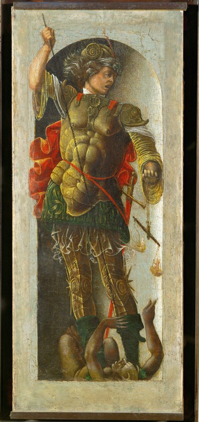São Miguel, coluna de um altar para São Vicente Ferrier, pintado para Bolonha por Francesco Cossa ... de Ercole de Roberti