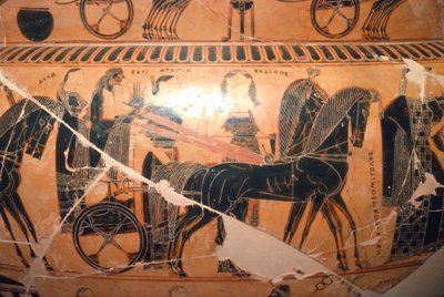 Detalhe de Zeus e Hera em uma carruagem com Kaliope do Vaso François, século 6 aC de Ergotimos