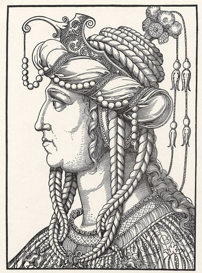 "Retrato de Sultana Roxelane (Russelazie (a Rutheniana), ou Hurrem (nee Anastasia Lisovska, ca. 1500-1558) esposa do Sultão Suleiman o Magnífico" Gravura em madeira de Erhard Schoen (1491-1592) ca. 1532 Museu Herzogliches Gotha de Erhard Schon