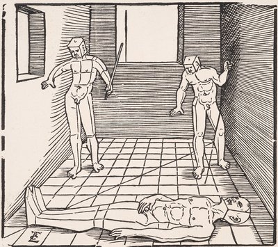 Três figuras masculinas em uma sala De: Unnderweissung der Proportzion de Erhard Schon