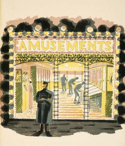 Arcade de diversões, ilustração de &39;High Street&39; por JM Richards, impressa pela Curwen Press, pub. pela vida do país, 1938 de Eric Ravilious