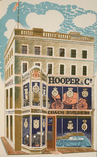 Construtor de ônibus, ilustração de &39;High Street&39; por JM Richards, impressa pela Curwen Press, pub. pela vida do país, 1938 de Eric Ravilious