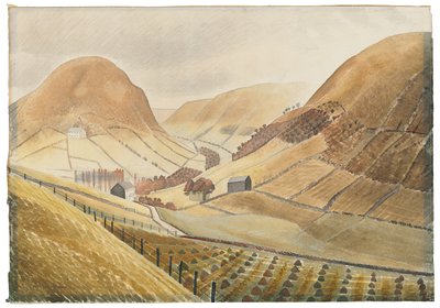 Stooks de milho e fazendas - Hill Farm, Capel-yffin, País de Gales, 1938 de Eric Ravilious