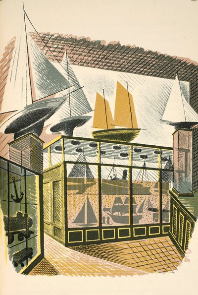 Modelo de navios e trens, ilustração de &39;High Street&39; por JM Richards, impresso pela Curwen Press, pub. pela vida do país, 1938 de Eric Ravilious