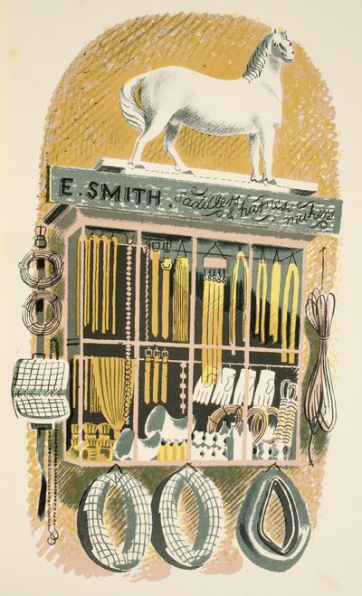 Saddler and Harness Maker, ilustração de "High Street" de JM Richards, impressa pela Curwen Press, pub. pela vida do país, 1938 de Eric Ravilious