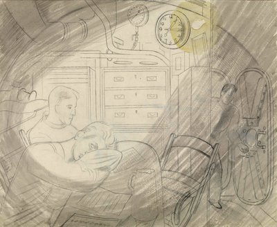 A cabina (ou praça) dos oficiais superiores de um submarino (submarino). Série a lápis de Eric Ravilious (1903-1942), embarcado num submarino durante a Segunda Guerra Mundial (1939-1945) de Eric Ravilious