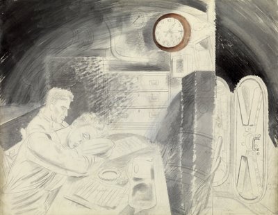 A cabina (ou praça) dos oficiais superiores de um submarino (submarino). Série a lápis de Eric Ravilious (1903-1942), embarcado num submarino durante a Segunda Guerra Mundial (1939-1945) de Eric Ravilious