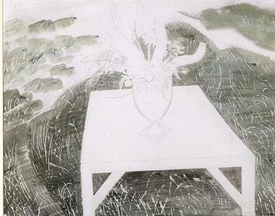 Vaso de Flores em um Jardim (lápis e aquarela sobre papel) de Eric Ravilious