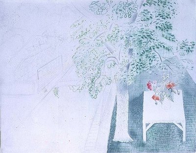 Vaso de papoilas debaixo de uma árvore (aguarela) de Eric Ravilious