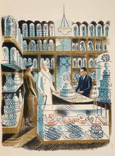 Bolo de casamento, ilustração de &39;High Street&39; por JM Richards, impresso pela Curwen Press, pub. pela vida do país, 1938 de Eric Ravilious