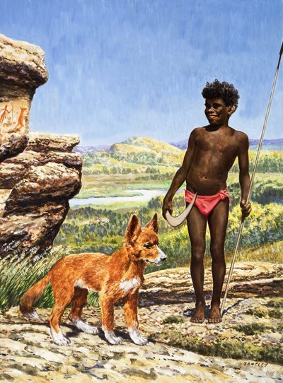 Rapaz aborígene com dingo (guache sobre papel) de Eric Tansley