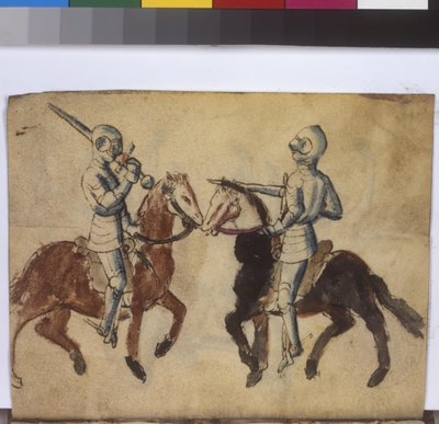 Página inteira: cena de esgrima a cavalo, meados do século XV (desenho a caneta e pincel) de Erich Lessing