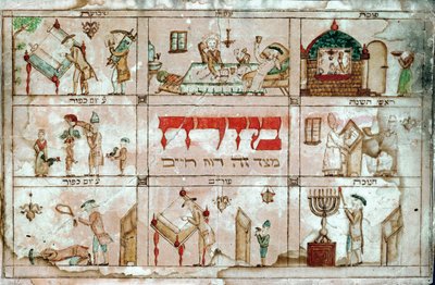 Mizrach, uma decoração pendurada nas paredes de uma casa para indicar a direção da oração, virada para leste em direção a Jerusalém (aguarela sobre papel) de Erich Lessing