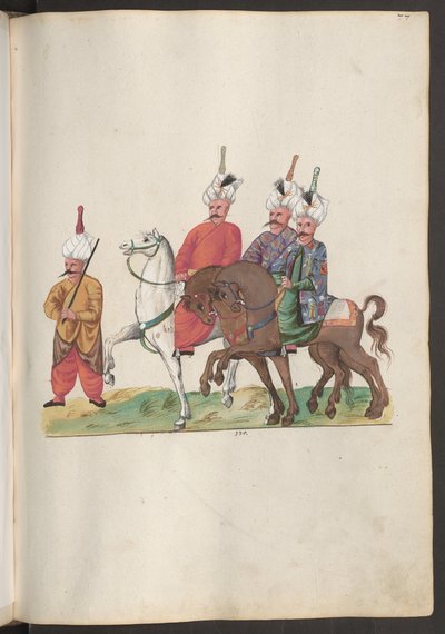 Pessoal da embaixada persa: três persas de alta patente a cavalo com um acompanhante de Erich Lessing