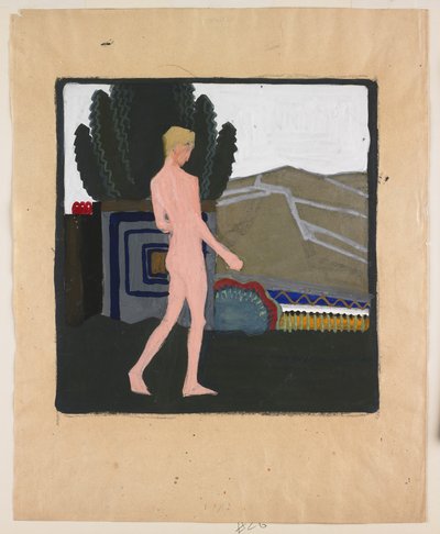 Nu masculino em pé numa paisagem, c.1914 (guache sobre papel) de Erich Mallina