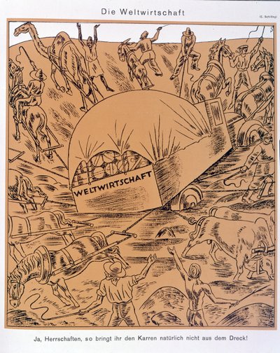Sátira sobre o tema da Economia Global, Simplicissimus, c. 1930 (litografia) de Erich Schilling