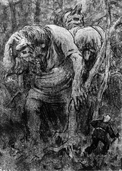 Os meninos encontram os trolls na floresta de Hedals (desenho) de Erik Theodor Werenskiold