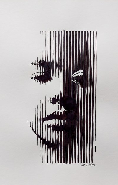 Retrato em traço simples e contemplativo de Erik Van Velzen