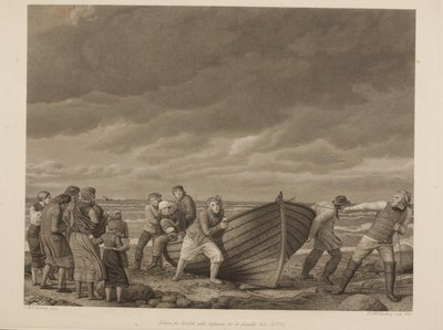 Pescadores de Hornbek resgatam o Capitão de um navio encalhado (A.1775) de Erling Eckersberg