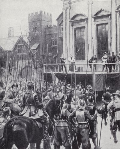 Execução do Rei Carlos I fora do Banqueting House em Whitehall, Londres, 30 de Janeiro de 1649 (litho) de Ernest (after) Crofts