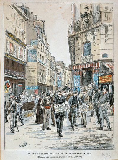França, Paris, vendedor de jornais na rue du Croissant na esquina da rue du Faubourg Montmartre em Paris por Ernest Grenier, Impressão de aguarela de Ernest (after) Grenier