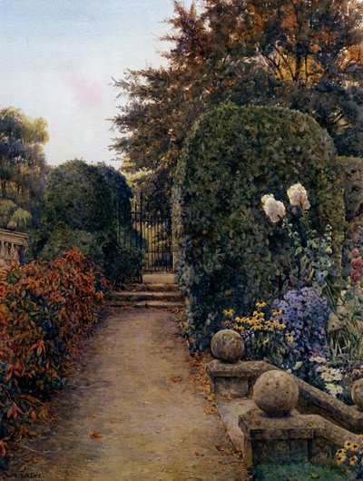 O Jardim do Mestre, Clare College, Cambridge, Inglaterra. Jardim florido com varanda e escada rolante. Pintura de E. Arthur Rowe (-1922 britânico) Coleção privada de Ernest Arthur Rowe